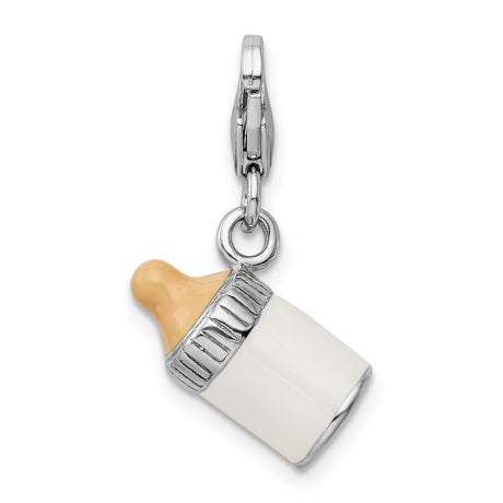 Amore La Vita Sterling Silver Rhodium-plated Polished 3-D Enameled Baby Bottle Charm with Fancy Lobster Clasp