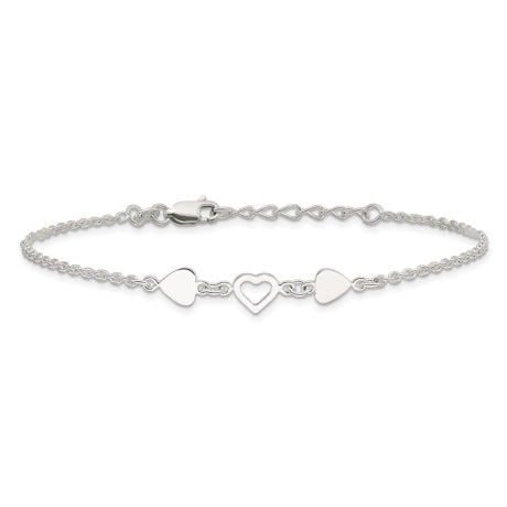 Sterling Silver 8 inch Plus 1in ext.Heart Link Anklet