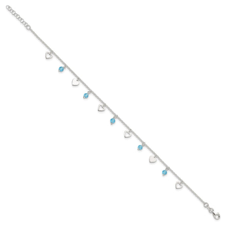 Sterling Silver 9 inch Heart and Blue Glass Plus1in ext. Anklet