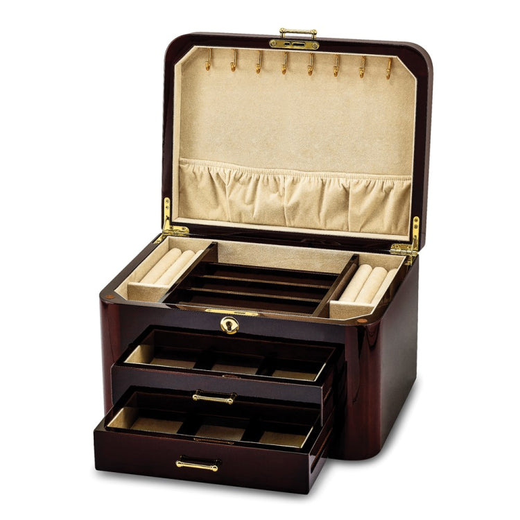 Luxury Giftware High Gloss Burgundy Bubinga Veneer w/Mapa Burl and Scrolled Inlay 2-drawer Locking Wooden Jewelry Box