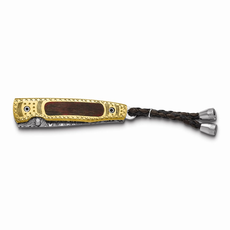 Luxury Giftware Damascus Steel 256 Layer Folding Blade Wood Inlay and Brass Engraved Handle Knife with Leather Sheath and Wooden Gift Box