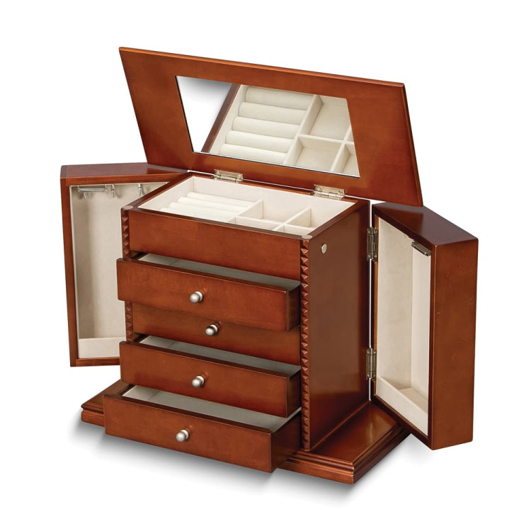 Walnut Finish Carved Detail 4-drawer with Swing-out Side Doors Wooden Jewelry Box