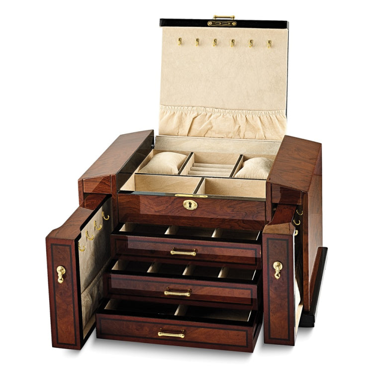 Luxury Giftware High Gloss Bubinga Veneer w/Elm Burl Inlay 3-drawer with Slide-out Sides Locking Wooden Jewelry Box