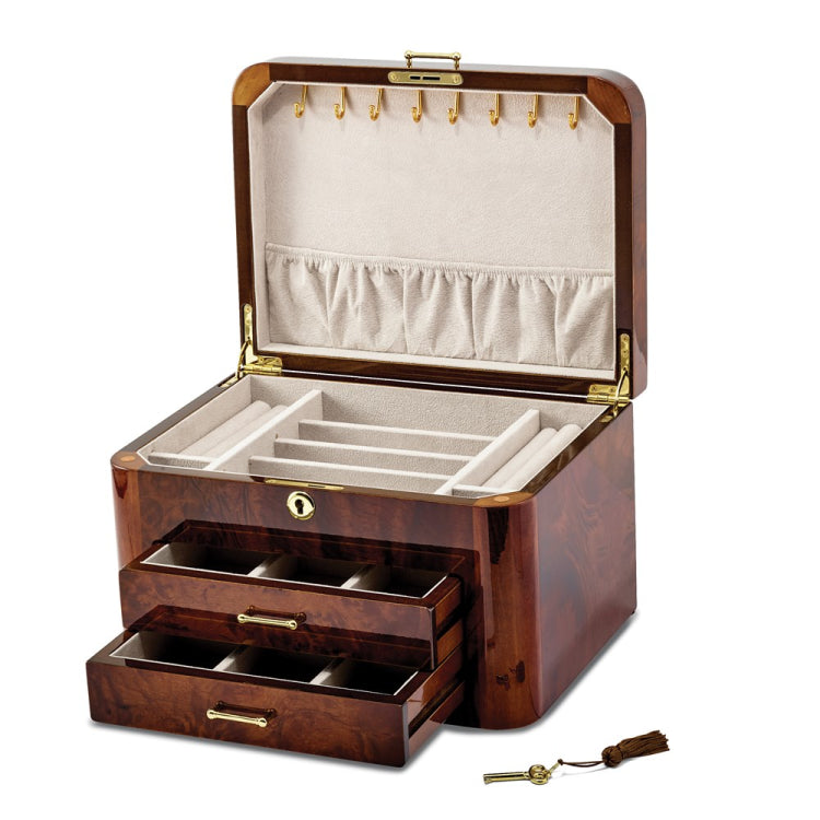 Luxury Giftware High Gloss Elm Burl Veneer with Double Braided Accents 2-drawer Locking Wooden Jewelry Box