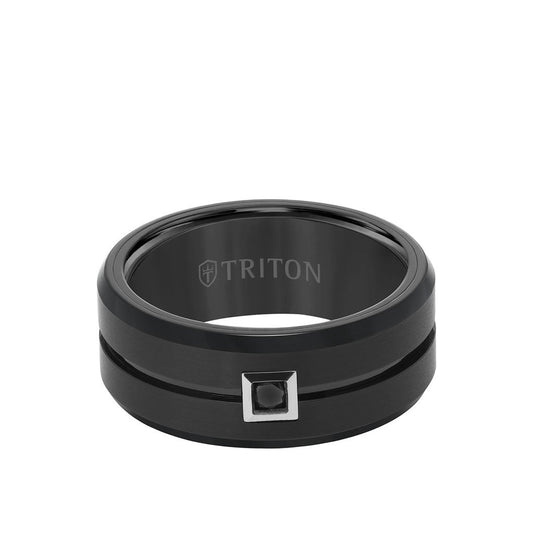 9MM Ring - Black Diamond Solitaire Brushed Center and Bevel Edge