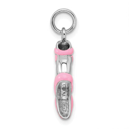 Sterling Silver Rhodium-platedPink Enamel Ballet Slipper Charm