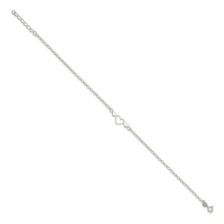Sterling Silver 9inch Plus 1 in ext. Polished Triple Heart Anklet