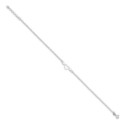 Sterling Silver 9inch Plus 1 in ext. Polished Triple Heart Anklet