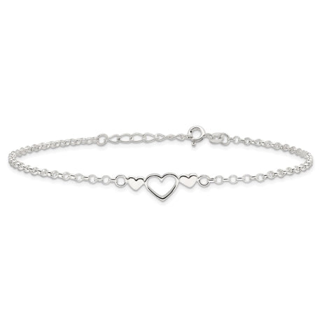 Sterling Silver 9inch Plus 1 in ext. Polished Triple Heart Anklet