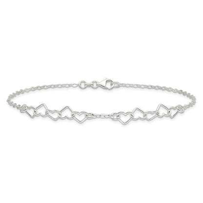 Sterling Silver 9inch Polished Fancy Heart Link Anklet