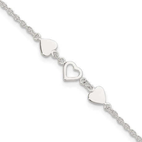Sterling Silver 8 inch Plus 1in ext.Heart Link Anklet