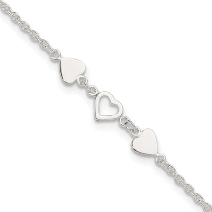 Sterling Silver 8 inch Plus 1in ext.Heart Link Anklet