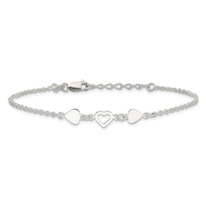 Sterling Silver 8 inch Plus 1in ext.Heart Link Anklet