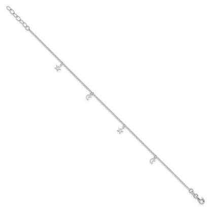 Sterling Silver Moon and Stars 9in Plus 1in Ext. Anklet