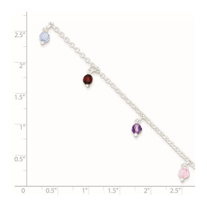 Sterling Silver Polished Multi-colored Beads 9in Plus 1in ext. Anklet