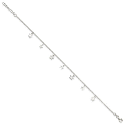 Sterling Silver Polished and Textured Star 9in Plus 1in Ext. Anklet