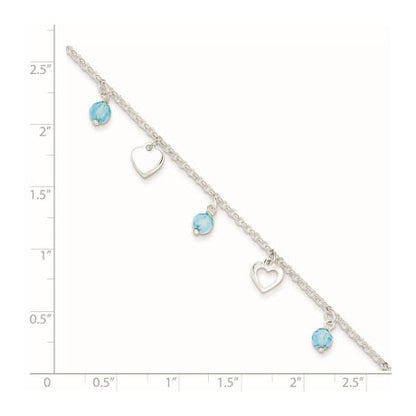 Sterling Silver 9 inch Heart and Blue Glass Plus1in ext. Anklet
