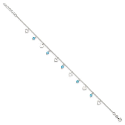 Sterling Silver 9 inch Heart and Blue Glass Plus1in ext. Anklet