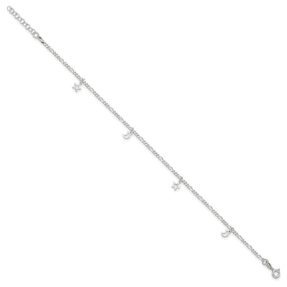 Sterling Silver Polished Star and Moon 9in Plus 1in Ext. Anklet