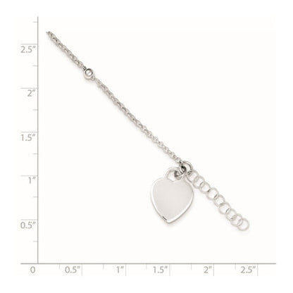 Sterling Silver Polished Bead and Heart 9in Plus 1in Ext. Anklet