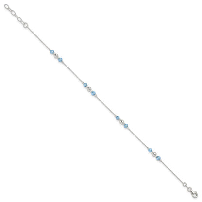 Sterling Silver Polished Bead and CZ 9in Plus 1in. Ext. Anklet