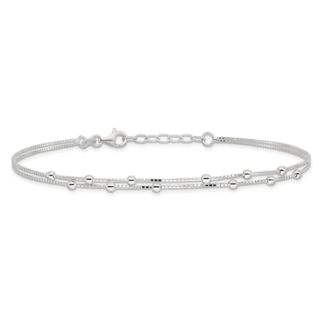 Sterling Silver Polished Beaded 2-strand 9 inch Plus 1 inch ext. Anklet