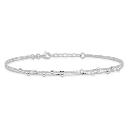 Sterling Silver Polished Beaded 2-strand 9 inch Plus 1 inch ext. Anklet