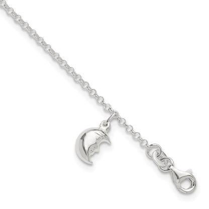 Sterling Silver Moon 10 inch Plus 1 inch ext. Anklet