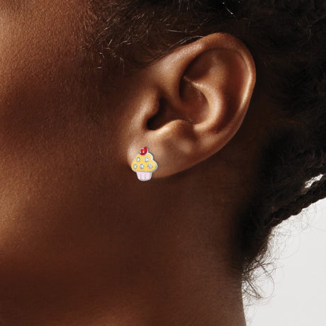 Sterling Silver Rhodium-plated Madi K Enamel and Crystal Cupcake Earrings