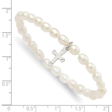 Sterling Silver Cross Freshwater Cultured Pearl 5 inch Stretch Bracelet