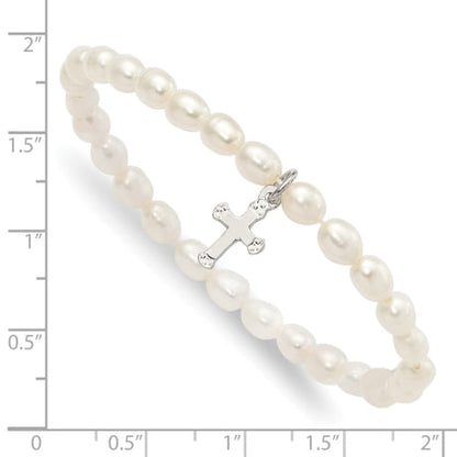 Sterling Silver Cross Freshwater Cultured Pearl 5 inch Stretch Bracelet