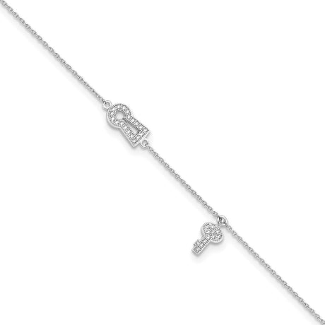 Brilliant Embers Sterling Silver Rhodium-plated 30 Stone 9 inch Micro Pav������������������ CZ Lock Key Anklet with 1 Inch Extender