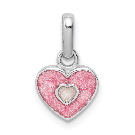 Sterling Silver RH Plated Child's Pink Glittered Enamel Heart Pendant
