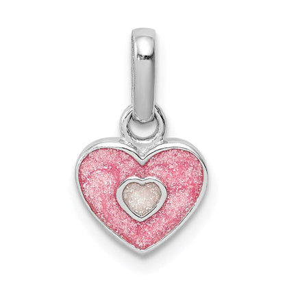 Sterling Silver RH Plated Child's Pink Glittered Enamel Heart Pendant