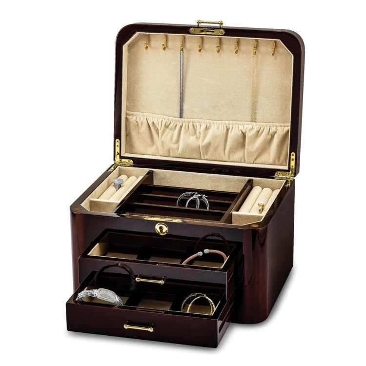 Luxury Giftware High Gloss Burgundy Bubinga Veneer w/Mapa Burl and Scrolled Inlay 2-drawer Locking Wooden Jewelry Box