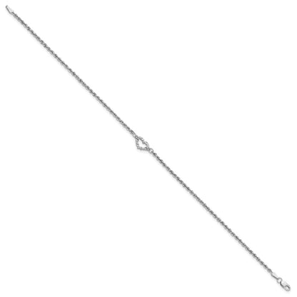 14k White Gold Diamond-cut Rope with Heart 10in Anklet