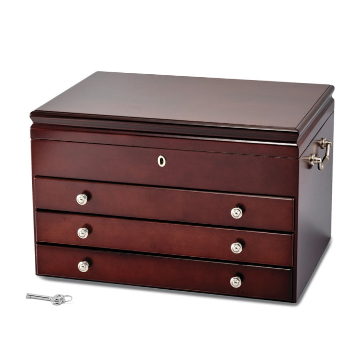 Luxury Giftware Matte Cherry Finish Poplar Veneer Large 3-drawer Locking Wooden Jewelry Chest