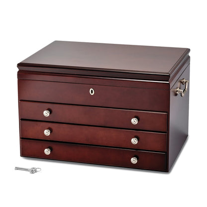 Luxury Giftware Matte Cherry Finish Poplar Veneer Large 3-drawer Locking Wooden Jewelry Chest