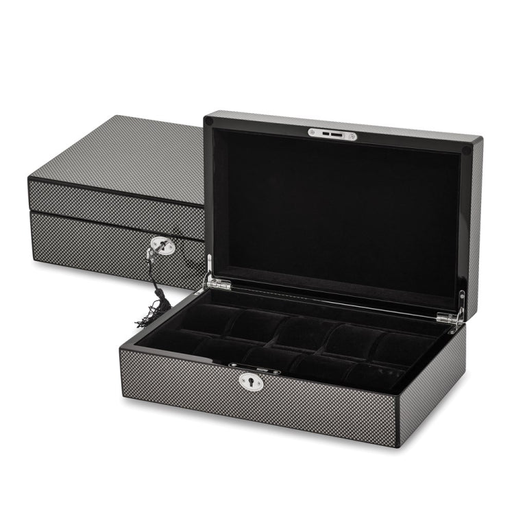 Luxury Giftware High Gloss Black Carbon Fiber Finish Locking Wooden 10-Watch Case