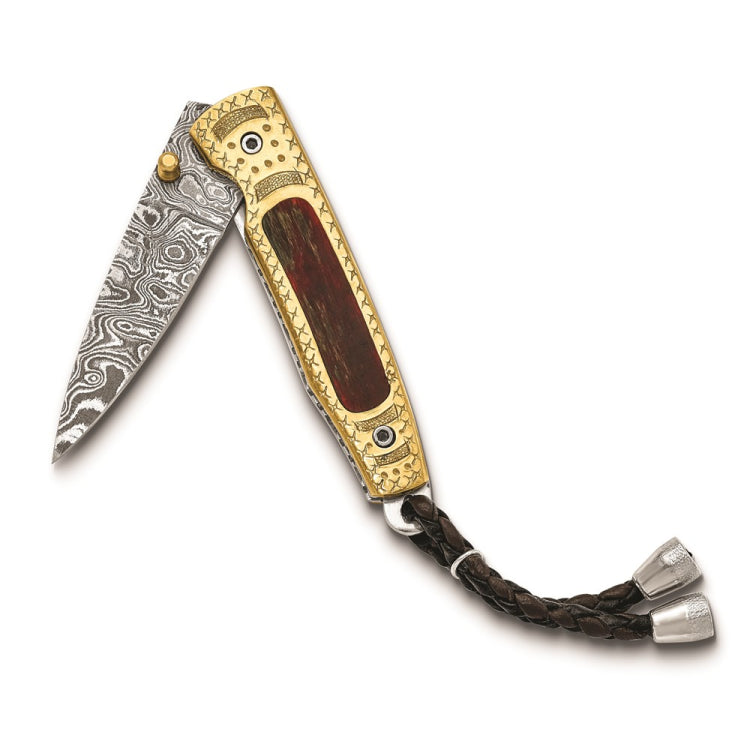 Luxury Giftware Damascus Steel 256 Layer Folding Blade Wood Inlay and Brass Engraved Handle Knife with Leather Sheath and Wooden Gift Box