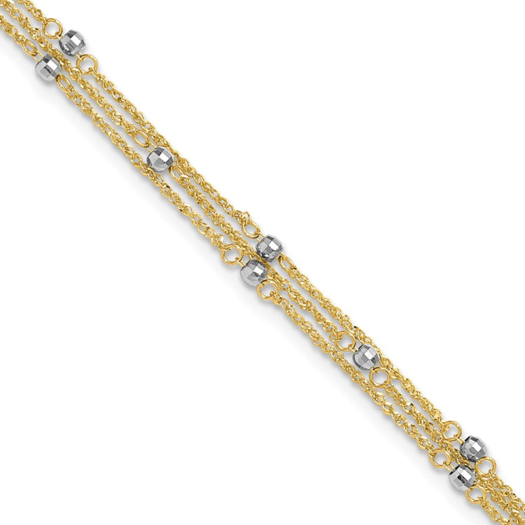 14k Two-tone Triple Strand 9in Plus 1in ext. Anklet