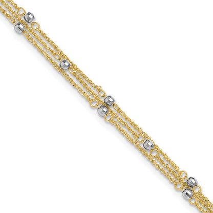 14k Two-tone Triple Strand 9in Plus 1in ext. Anklet