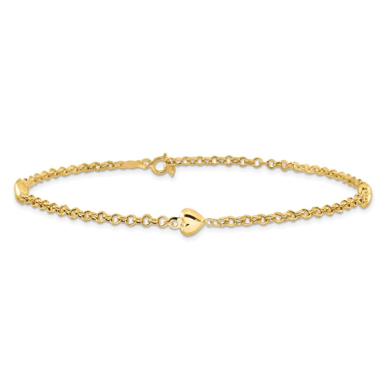 14k Puff Heart 10in Anklet