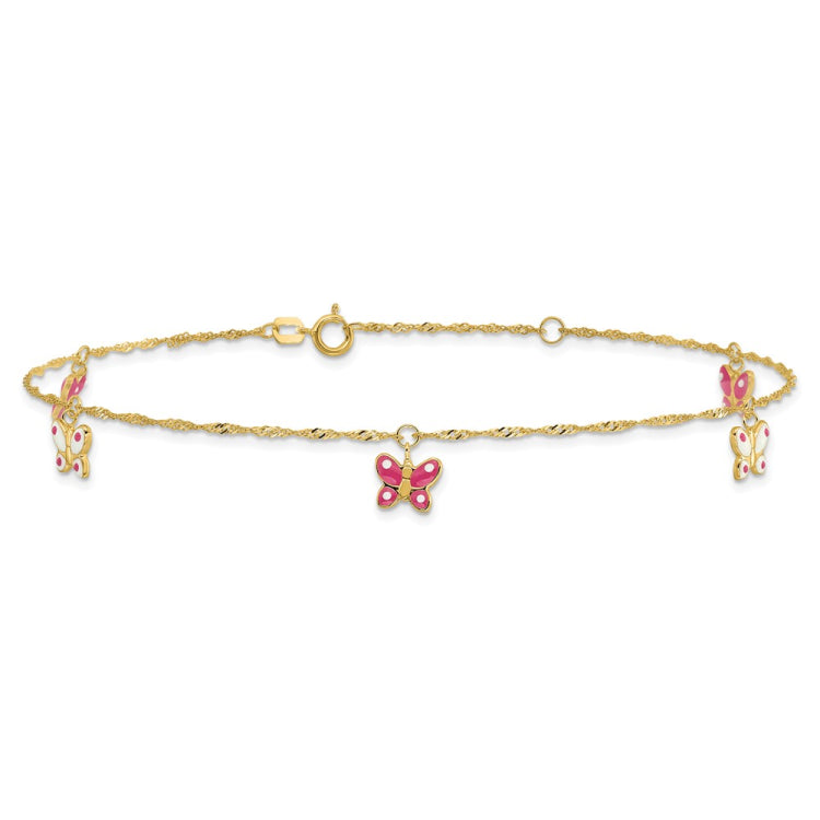14k Enameled Butterfly 9in Plus 1in Ext Anklet