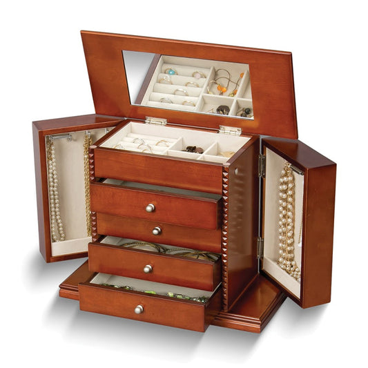 Walnut Finish Carved Detail 4-drawer with Swing-out Side Doors Wooden Jewelry Box