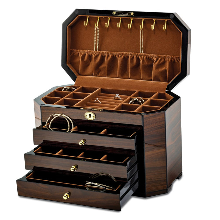 Luxury Giftware High Gloss Walnut Veneer with Black Accents 3-drawer Locking Wooden Jewelry Box