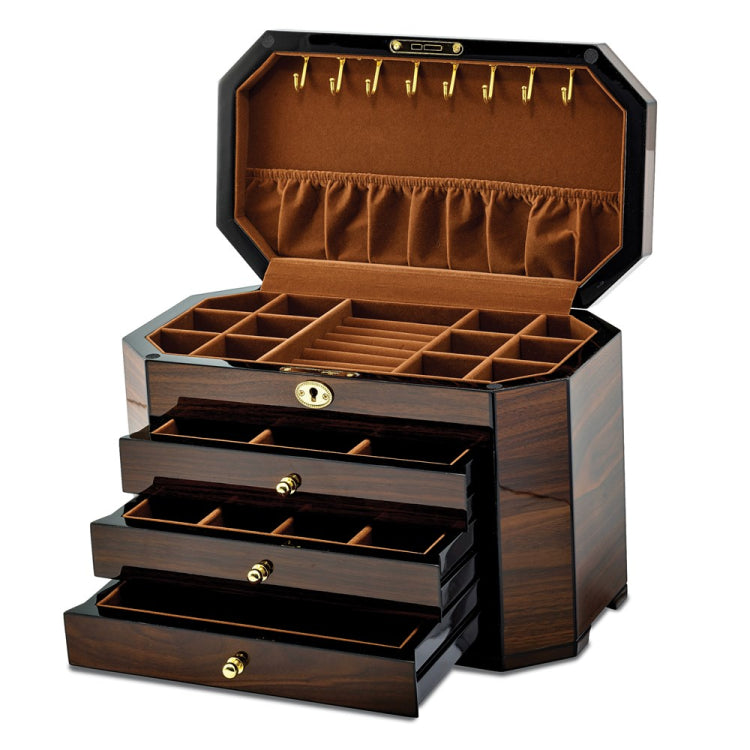 Luxury Giftware High Gloss Walnut Veneer with Black Accents 3-drawer Locking Wooden Jewelry Box