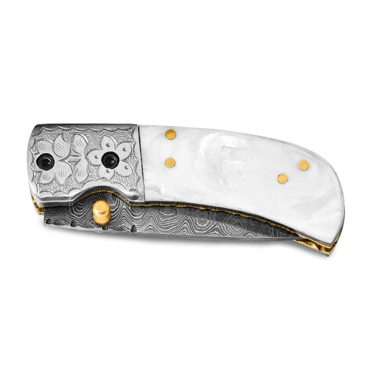 Luxury Giftware Damascus Steel 256 Layer Folding Blade Mother of Pearl Handle Knife with Leather Sheath and Wooden Gift Box