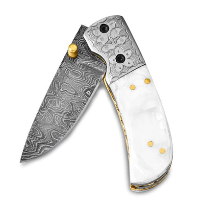 Luxury Giftware Damascus Steel 256 Layer Folding Blade Mother of Pearl Handle Knife with Leather Sheath and Wooden Gift Box