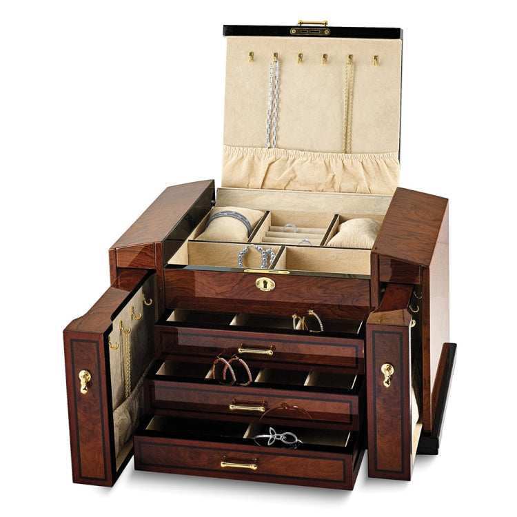 Luxury Giftware High Gloss Bubinga Veneer w/Elm Burl Inlay 3-drawer with Slide-out Sides Locking Wooden Jewelry Box